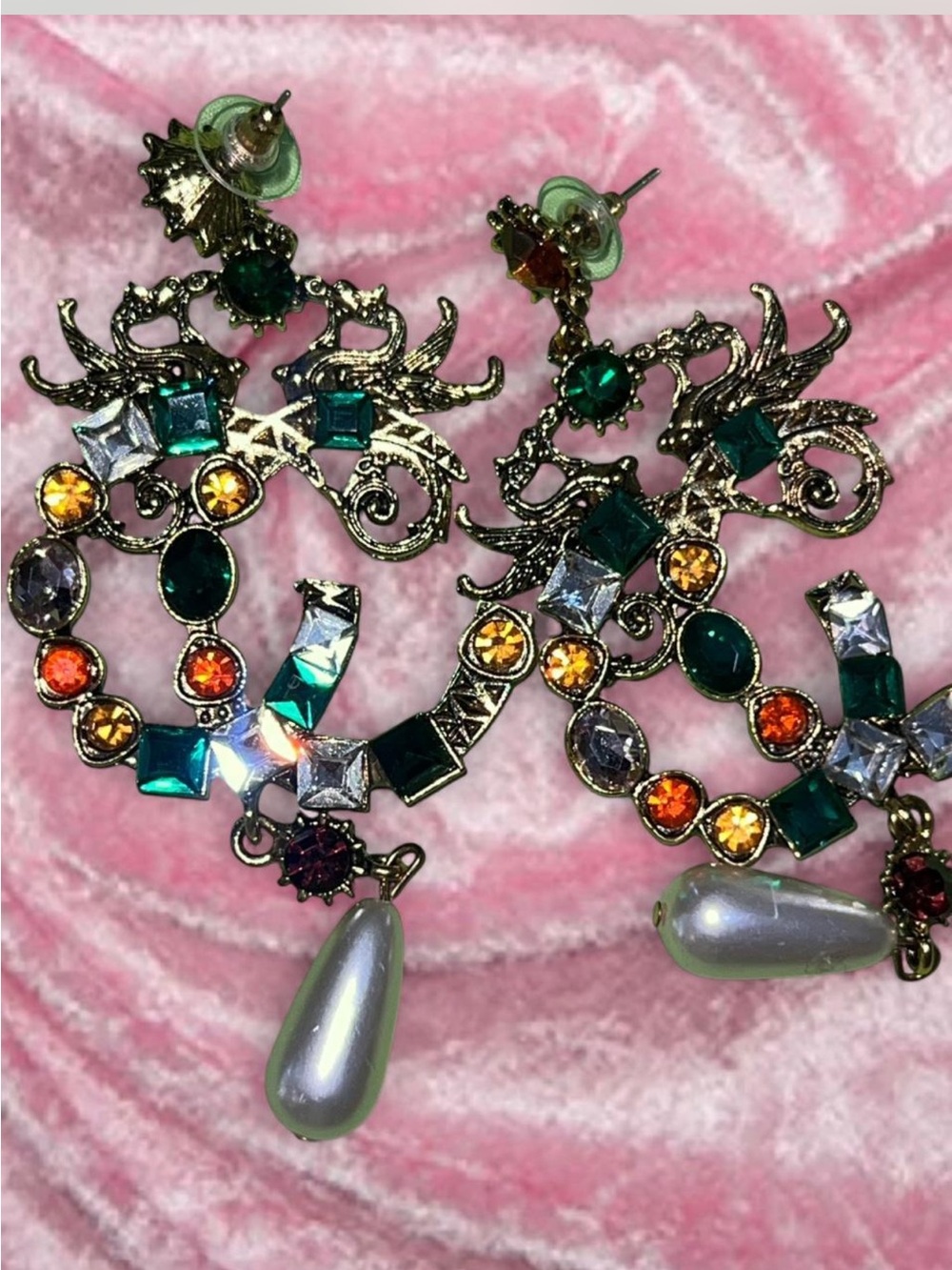 Statement Multicolor Crystal Dragon Hoop Earrings with Pearl Drop